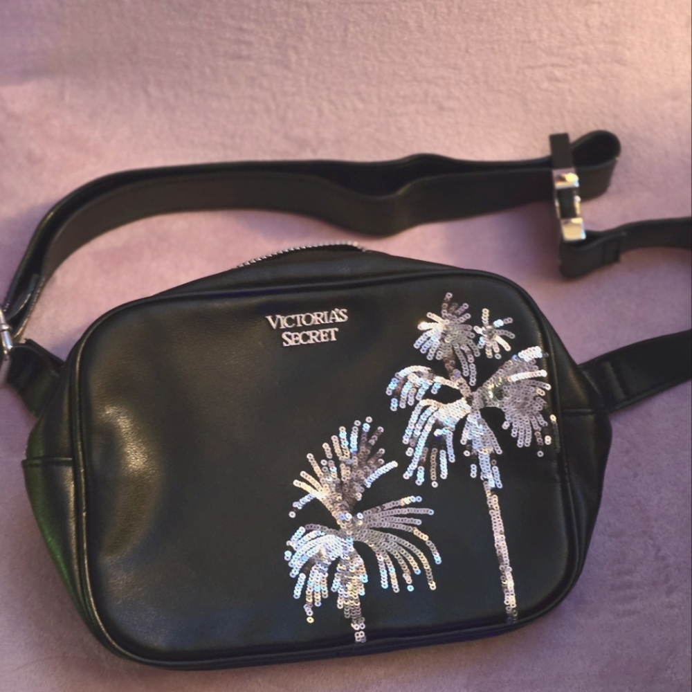 Victoria's Secret Black Crossbody Bag with Silver Palm Design